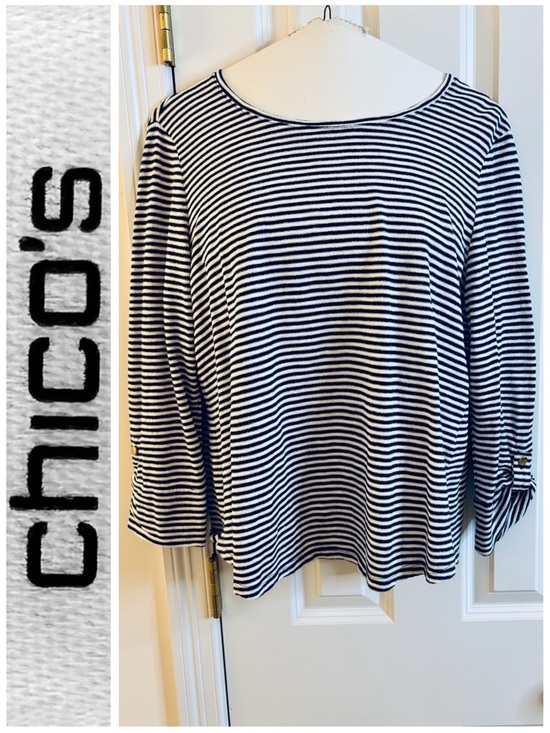 Chico's Tops - Chico's Top Knit Navy White Silver Stripe roll-tab 3/4 Sleeve Scoop casual large